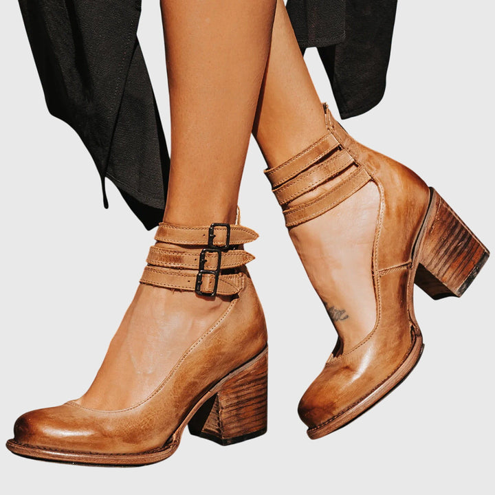 Bottines femme à brides bouclées, talon bloc et découpe – Sienna – Marron foncé