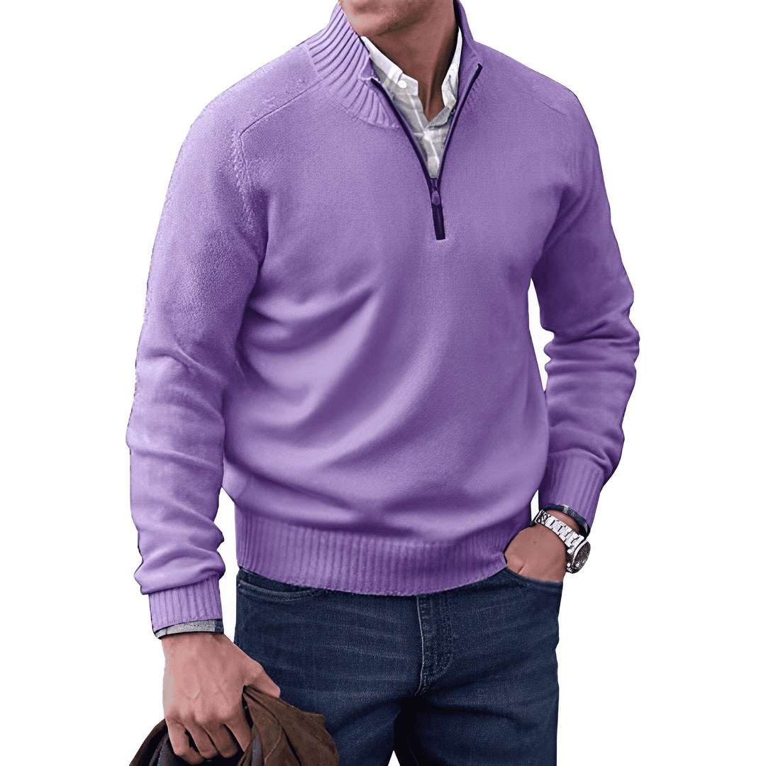 Pull demi-zip homme en maille façon cachemire à col montant – Pierre – Mauve