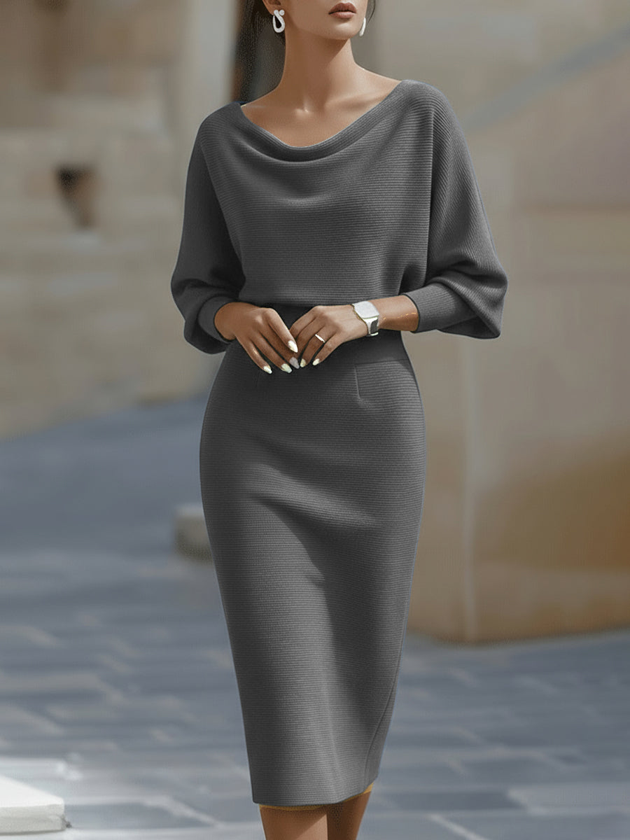 Robe midi moulante femme col bateau à manches chauve-souris – Jacqueline – Gris