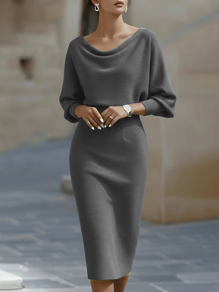 Robe midi moulante femme col bateau à manches chauve-souris – Jacqueline – Gris