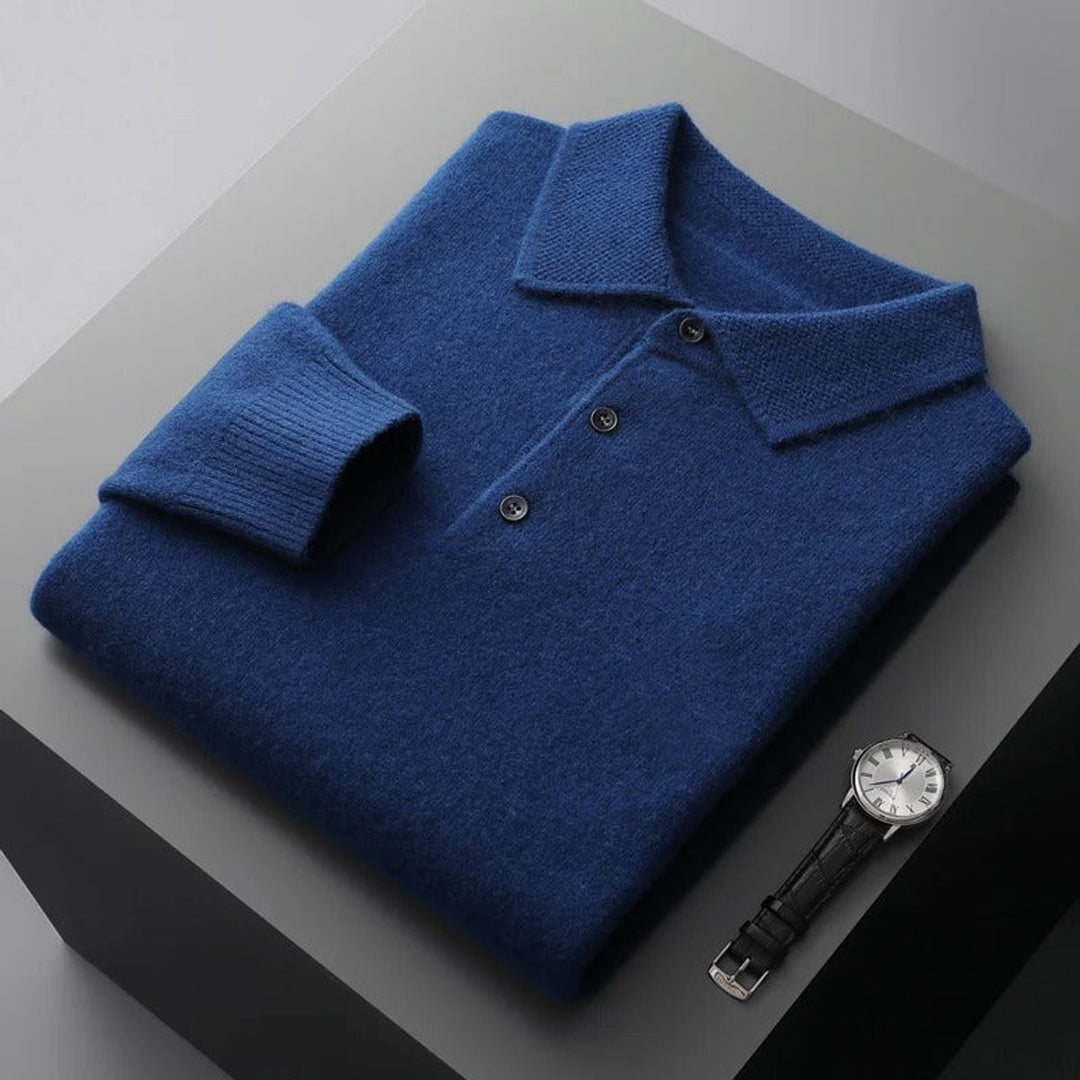 Pull polo homme élégant en maille façon cachemire à boutons – David – Bleu foncé