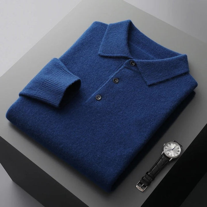 Pull polo homme élégant en maille façon cachemire à boutons – David – Bleu foncé