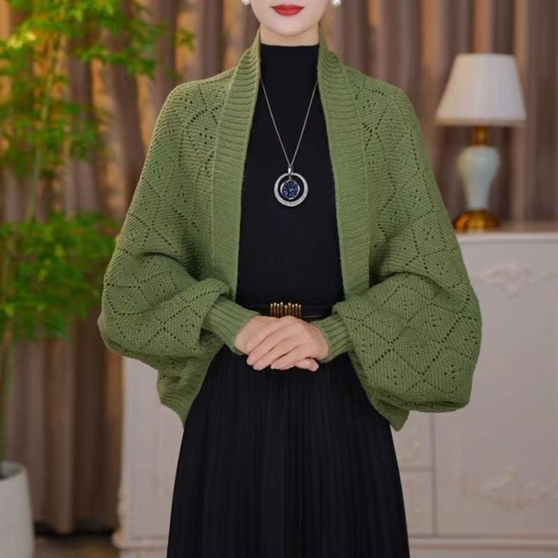 Gilet châle femme en maille ajourée à manches longues – Colette - Vert