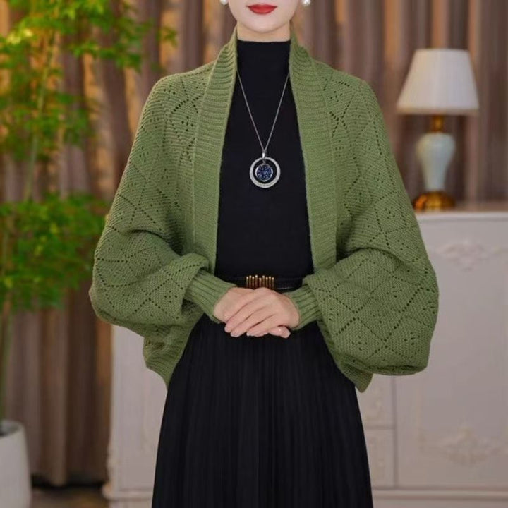Gilet châle femme en maille ajourée à manches longues – Colette - Vert