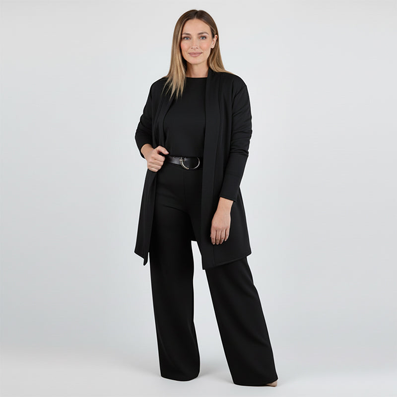 Ensemble 3 pièces femme gilet long, haut et pantalon à ceinture – Héloïse - Noir
