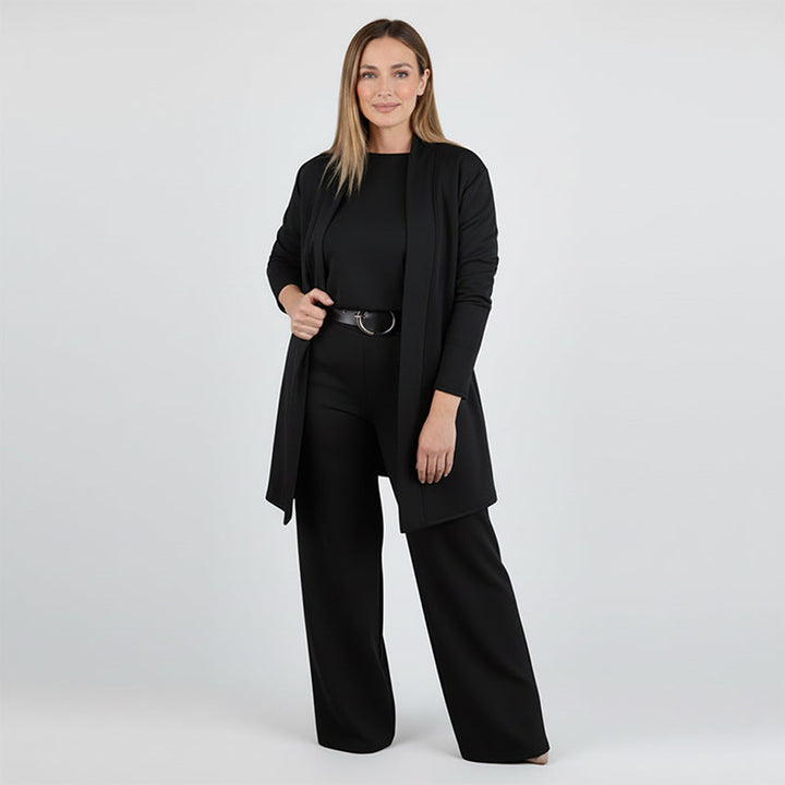 Ensemble 3 pièces femme gilet long, haut et pantalon à ceinture – Héloïse - Noir