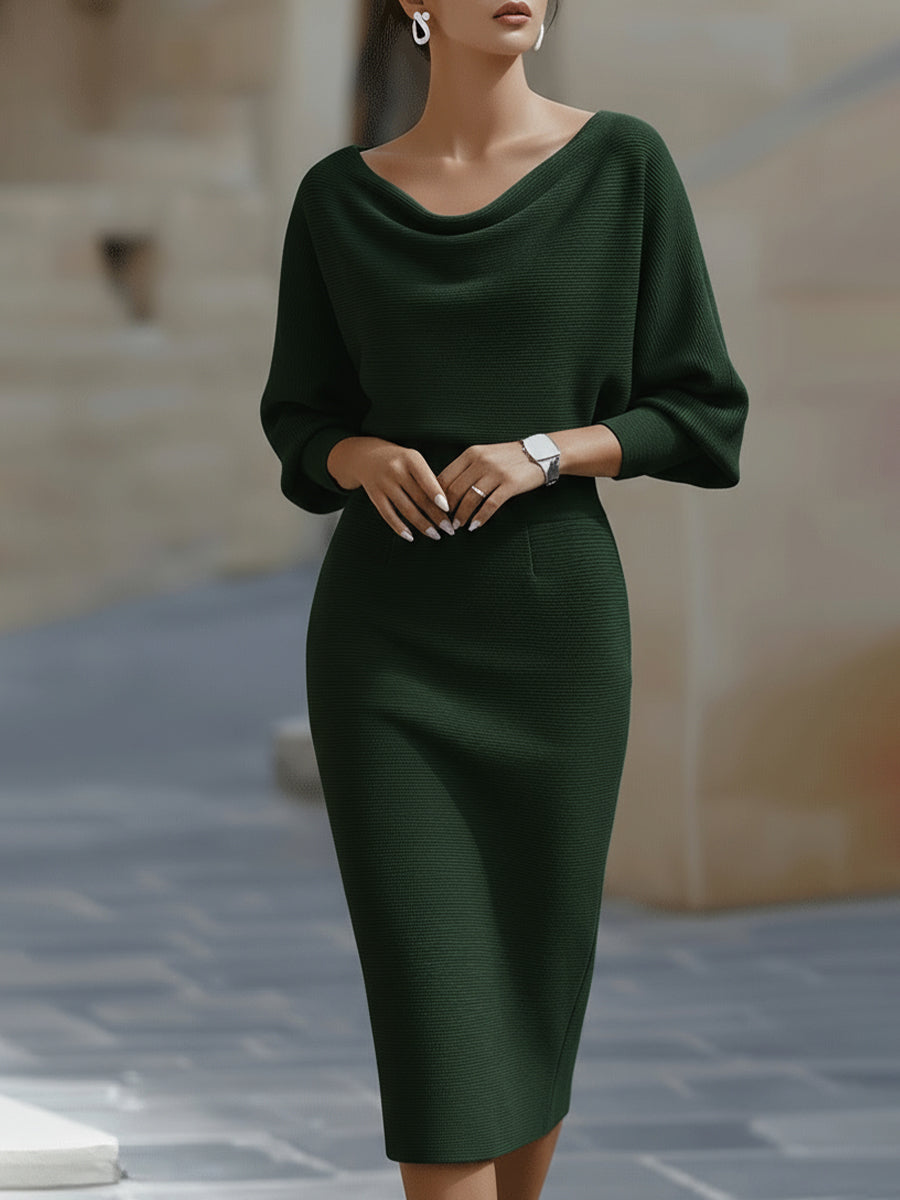 Robe midi moulante femme col bateau à manches chauve-souris – Jacqueline – Vert