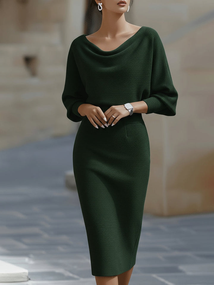 Robe midi moulante femme col bateau à manches chauve-souris – Jacqueline – Vert