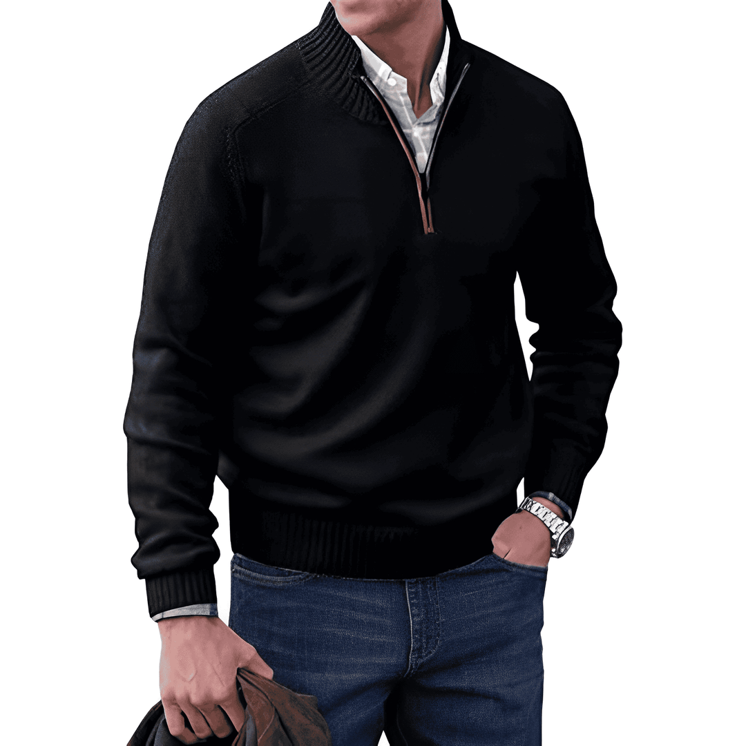 Pull demi-zip homme en maille façon cachemire à col montant – Pierre – Noir