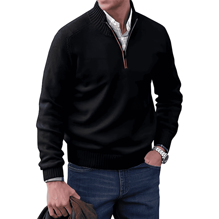 Pull demi-zip homme en maille façon cachemire à col montant – Pierre – Noir