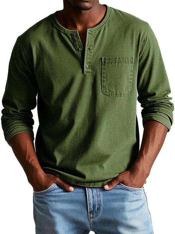 T-shirt henley homme décontracté à manches longues – Philipp – Vert armée