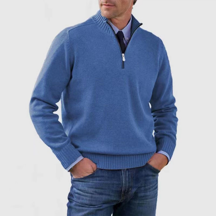 Pull demi-zip homme coupe classique en maille premium – Lucien – Bleu