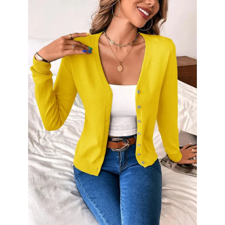 Gilet femme ajusté à col V et boutons en maille fine – Margaux - Jaune