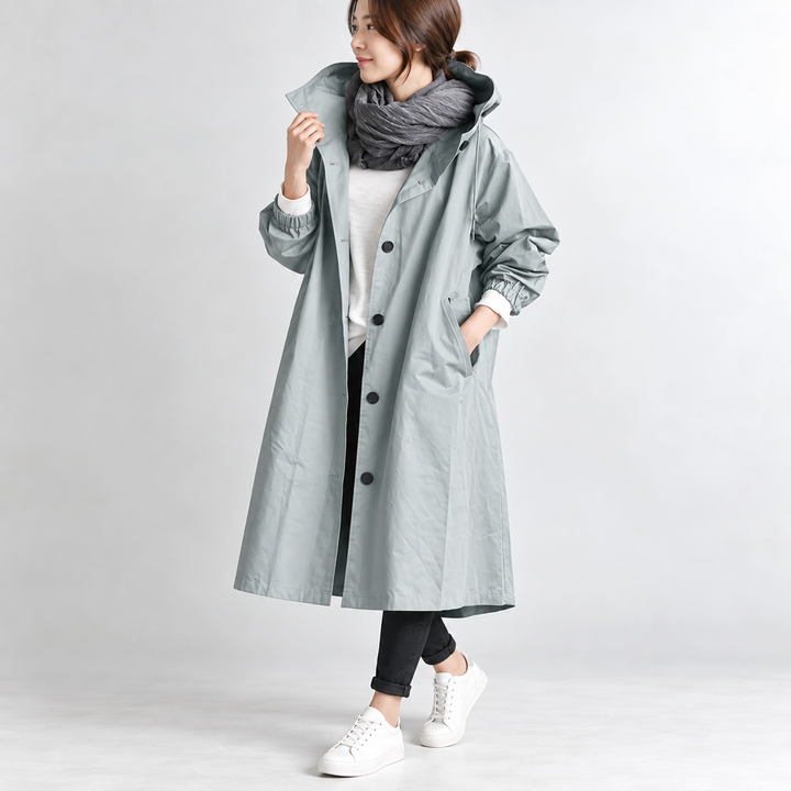 Trench long femme à capuche coupe ample et évasée – Héloïse - Bleu clair