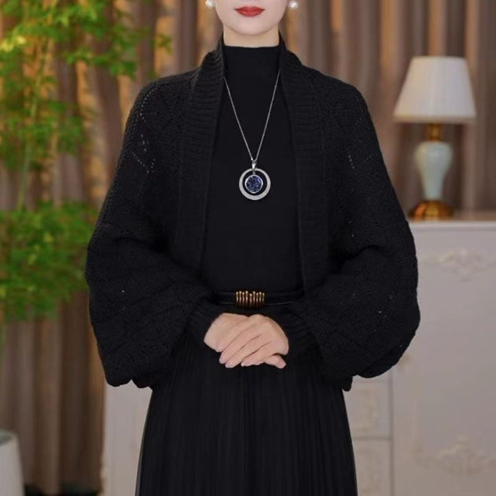 Gilet châle femme en maille ajourée à manches longues – Colette - Noir