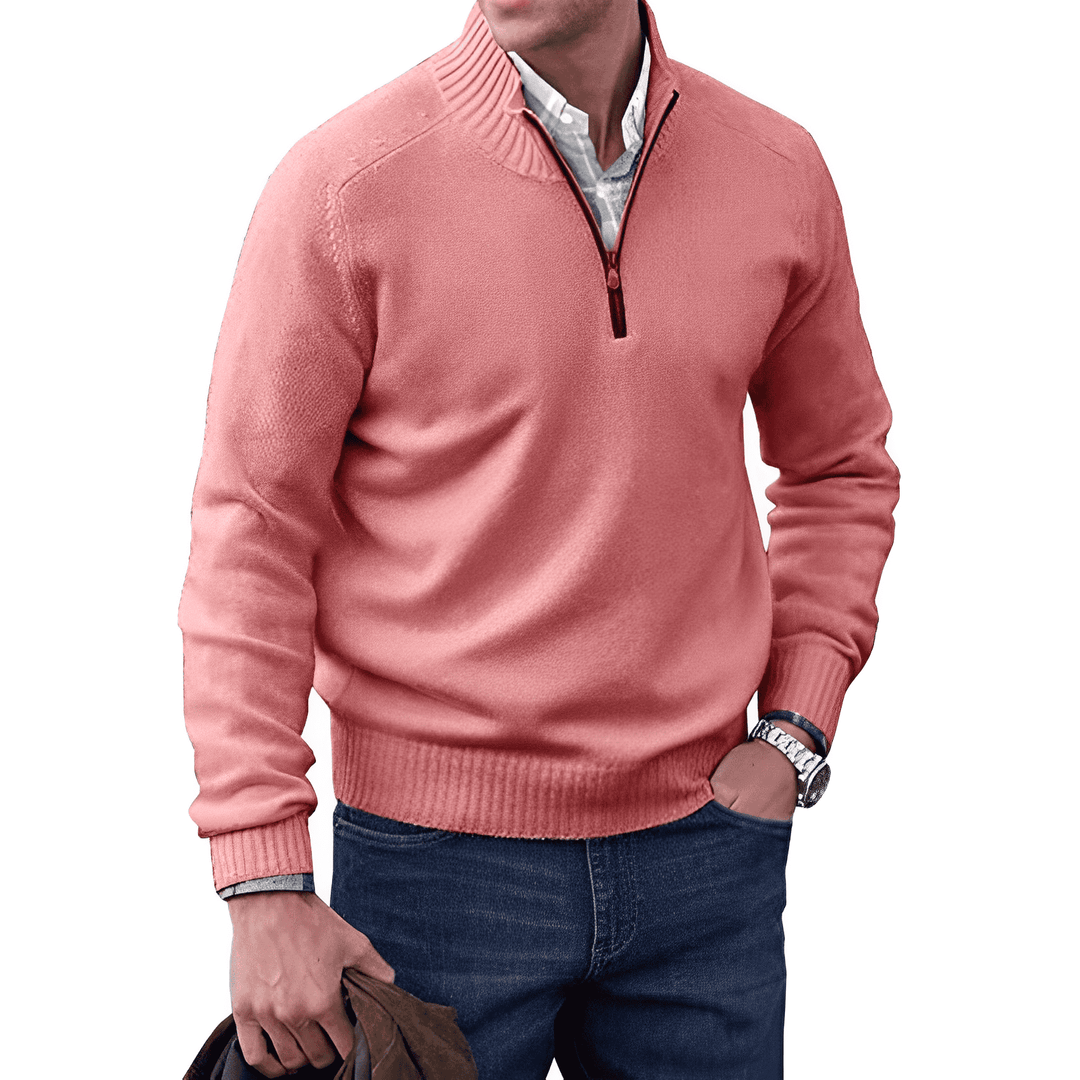 Pull demi-zip homme en maille façon cachemire à col montant – Pierre – Rose