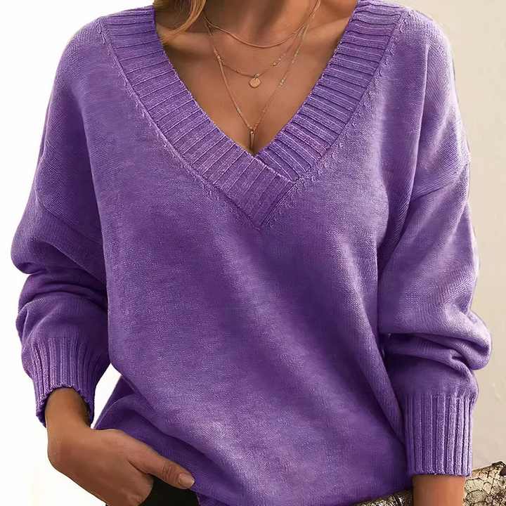 Pull femme col V en maille douce à épaules tombantes – Camille - Lilas