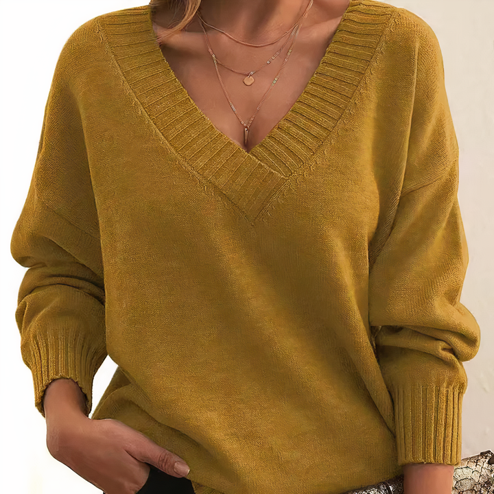 Pull femme col V en maille douce à épaules tombantes – Camille - Moutarde