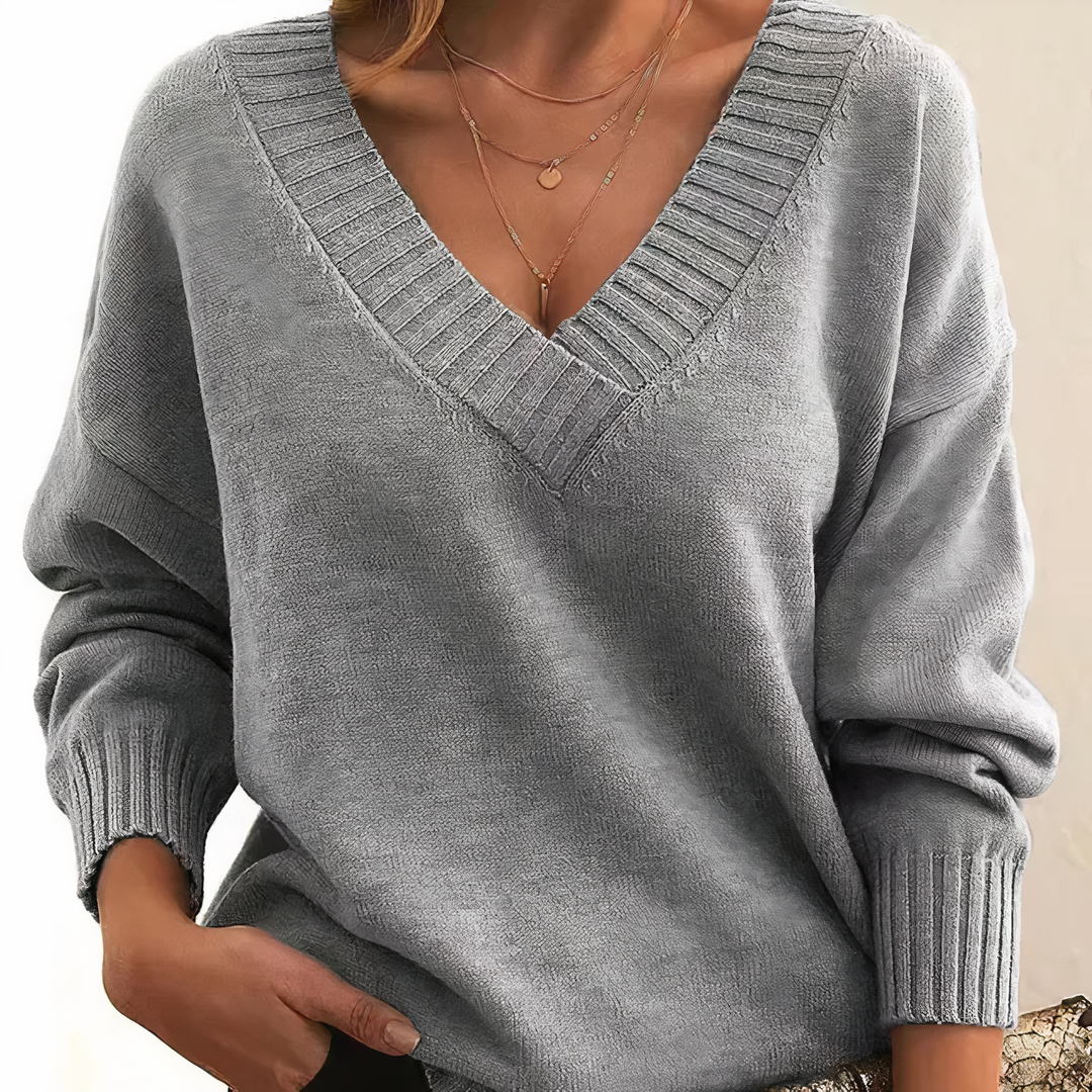 Pull femme col V en maille douce à épaules tombantes – Camille - Gris