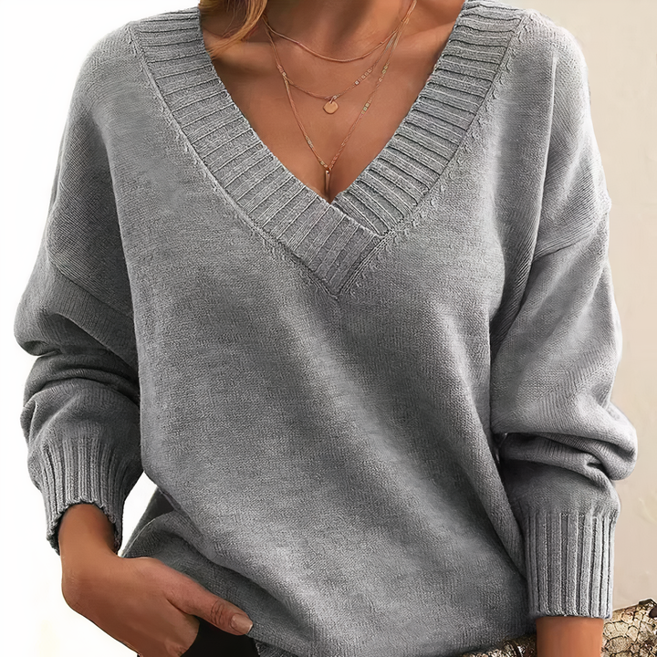 Pull femme col V en maille douce à épaules tombantes – Camille - Gris