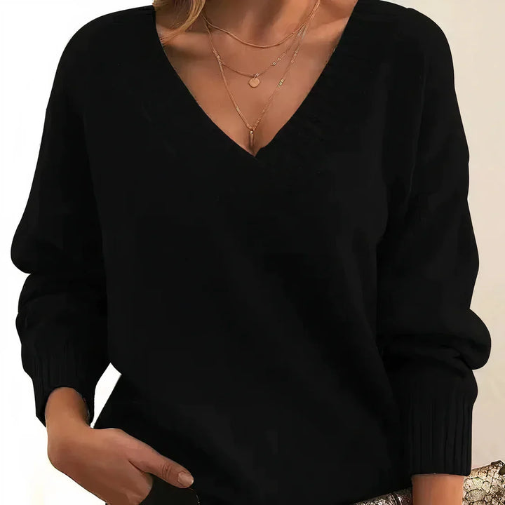 Pull femme col V en maille douce à épaules tombantes – Camille - Noir