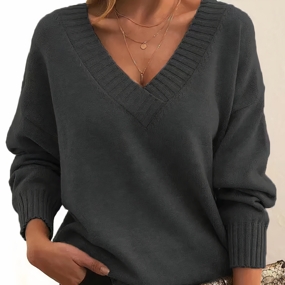 Pull femme col V en maille douce à épaules tombantes – Camille - Gris foncé