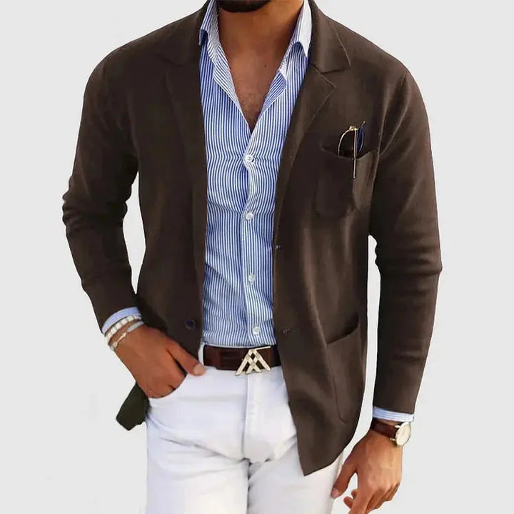 Blazer en maille homme à revers crantés et boutons – Marcel – Marron