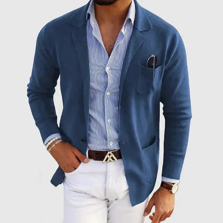 Blazer en maille homme à revers crantés et boutons – Marcel – Bleu