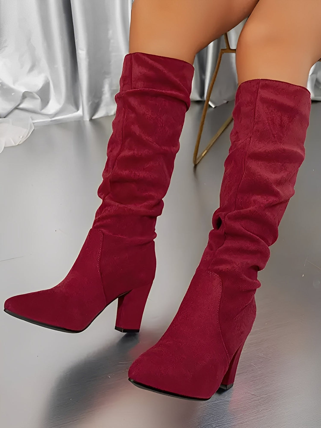 Bottes hautes femme effet daim à tige froncée et talon bloc – Camel – vue 6