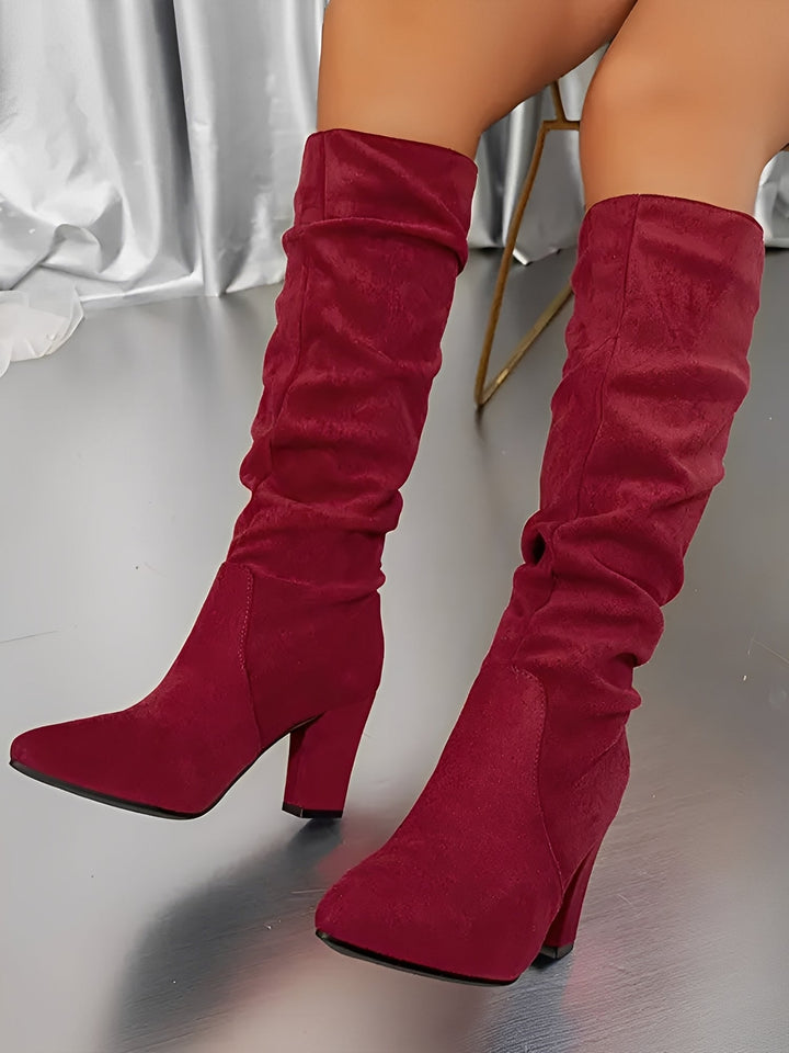 Bottes hautes femme effet daim à tige froncée et talon bloc – Camel – vue 6