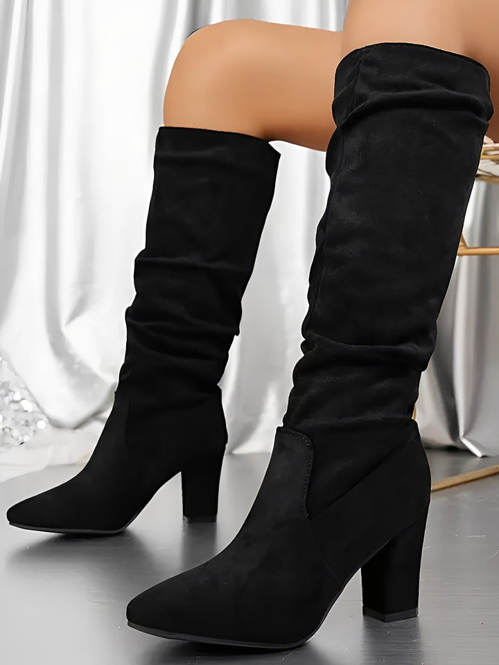 Bottes hautes femme effet daim à tige froncée et talon bloc – Camel – vue 8