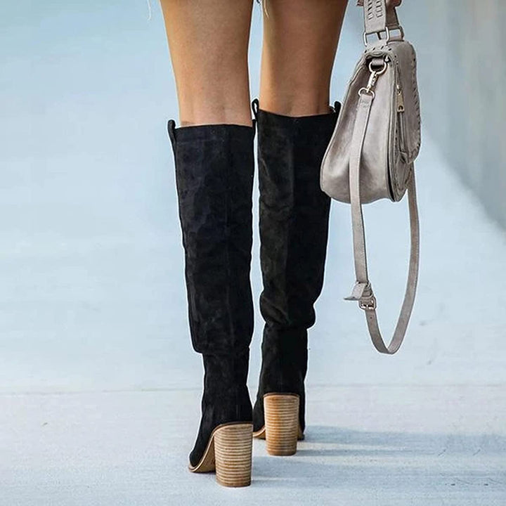 Bottes hautes femme effet daim à enfiler et talon bloc empilé – Juliette – vue 3