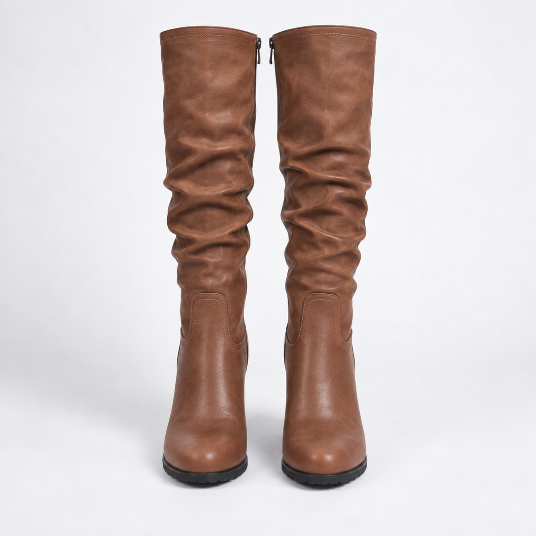 Bottes hautes femme en cuir vegan marron à talon bloc – Noa – vue 4