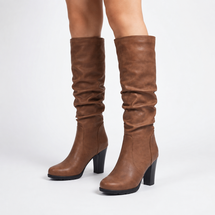 Bottes hautes femme en cuir vegan marron à talon bloc – Noa – Marron