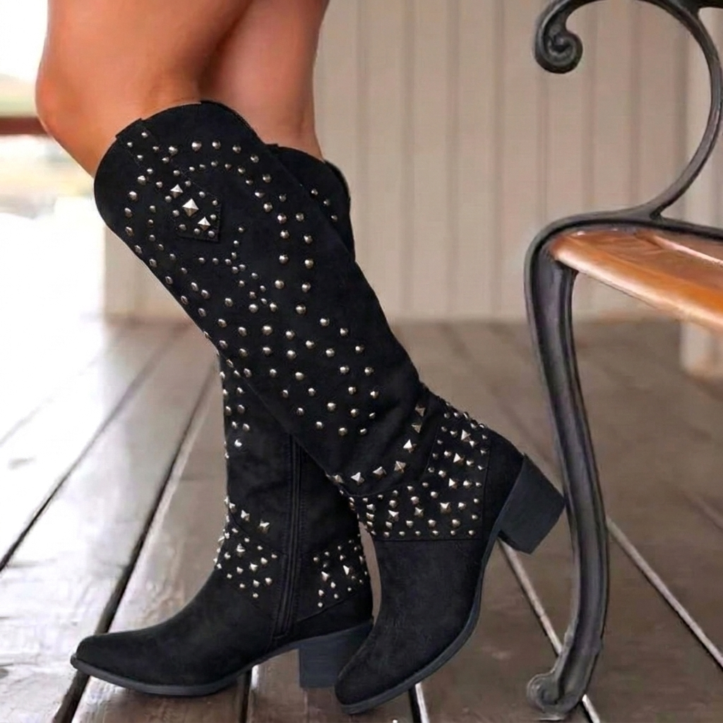 Bottes hautes western femme à motifs et accents métalliques – Colette – Noir