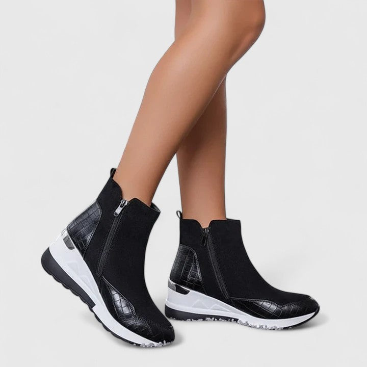 Bottines femme en daim à zip, semelle compensée et antidérapante – Maele – Noir