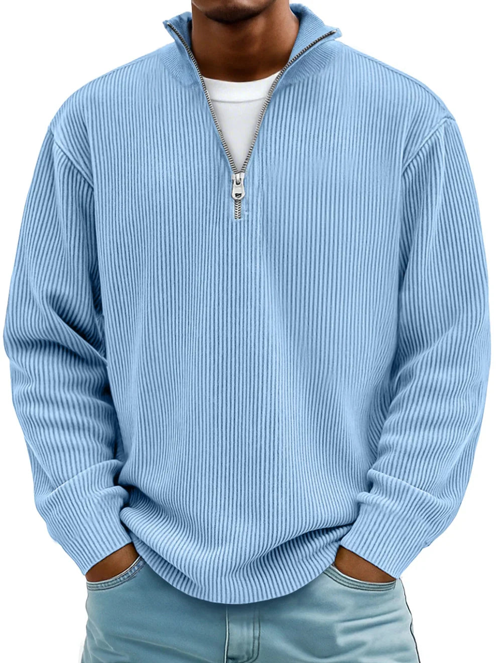 Pull homme classique en maille côtelée à demi-zip – Étienne – Bleu