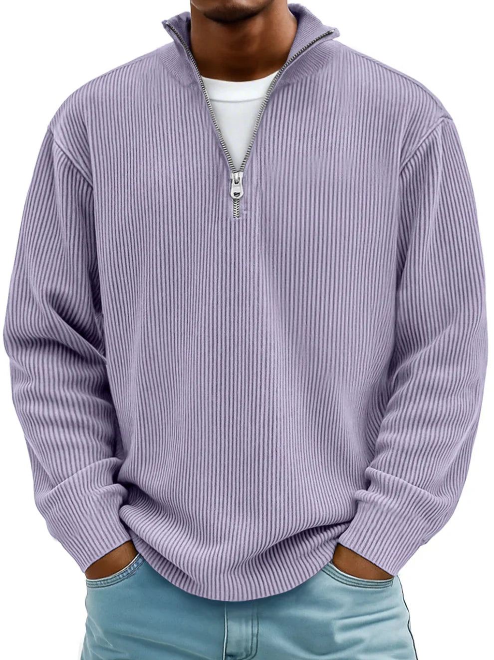 Pull homme classique en maille côtelée à demi-zip – Étienne – Violet
