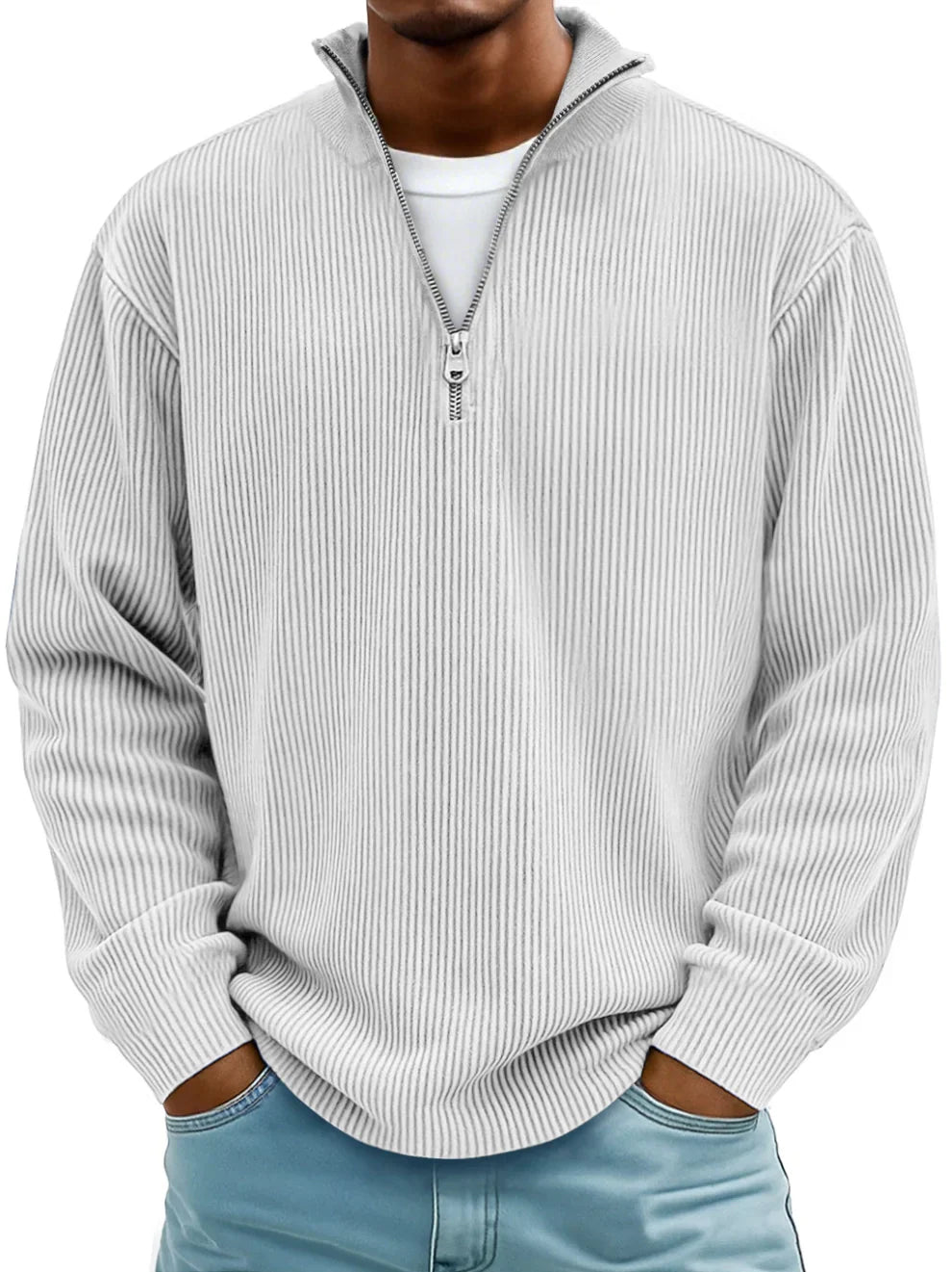Pull homme classique en maille côtelée à demi-zip – Étienne – Blanc