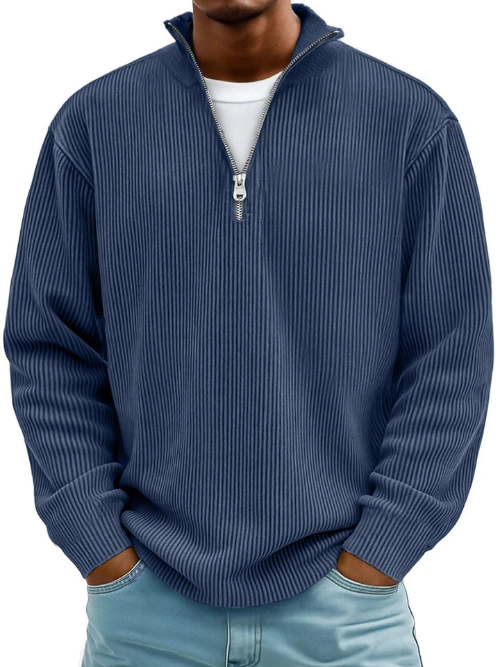 Pull homme classique en maille côtelée à demi-zip – Étienne – Bleu marine