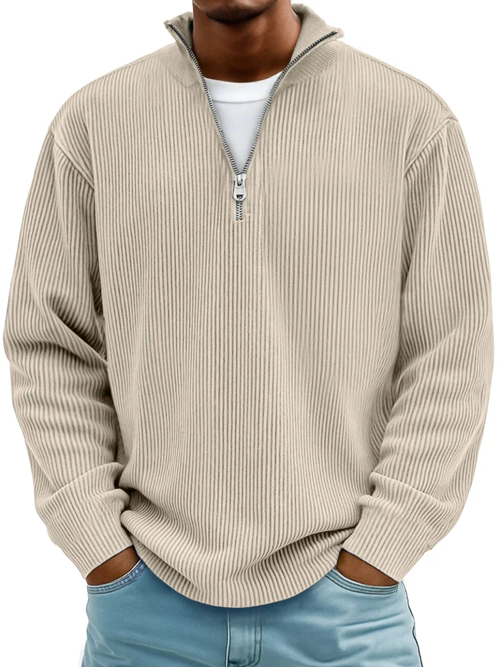 Pull homme classique en maille côtelée à demi-zip – Étienne – Kaki