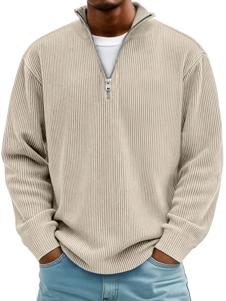 Pull homme classique en maille côtelée à demi-zip – Étienne – Kaki