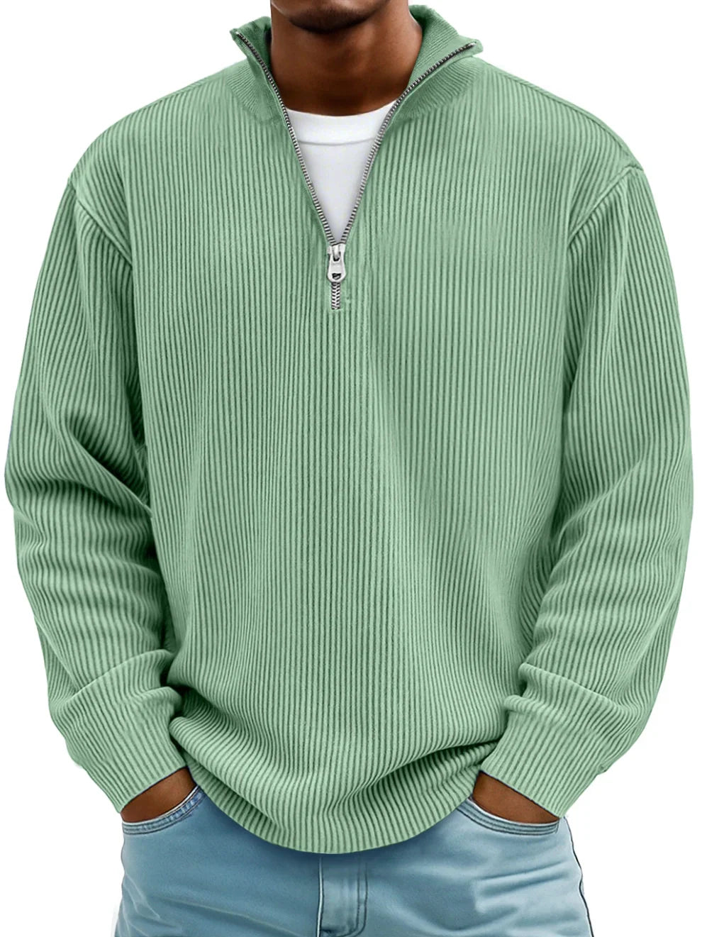 Pull homme classique en maille côtelée à demi-zip – Étienne – Vert