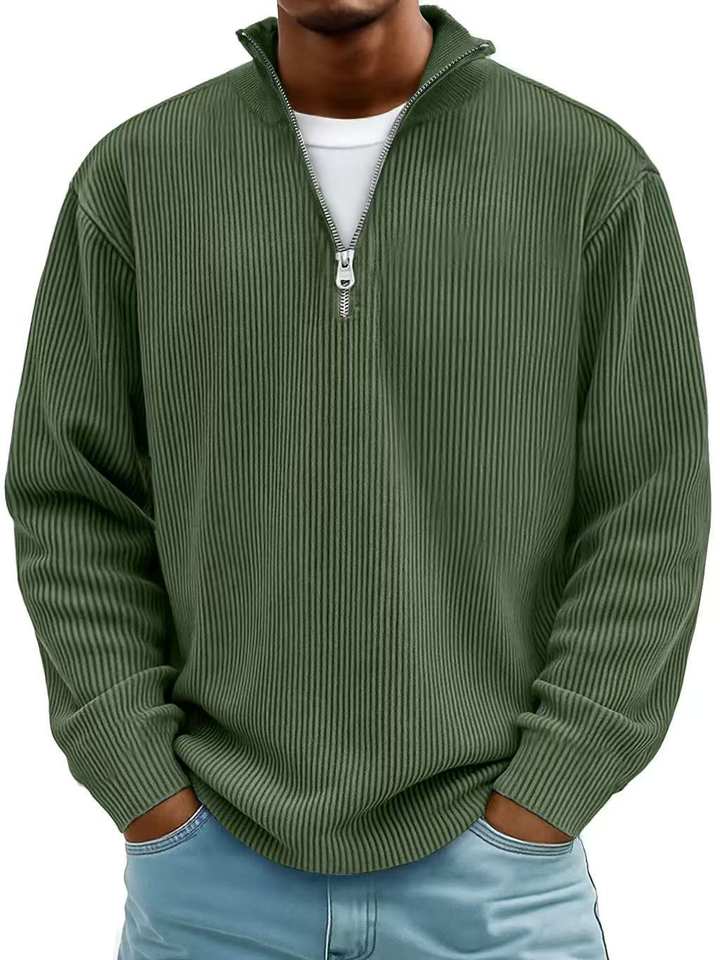 Pull homme classique en maille côtelée à demi-zip – Étienne – Vert armée