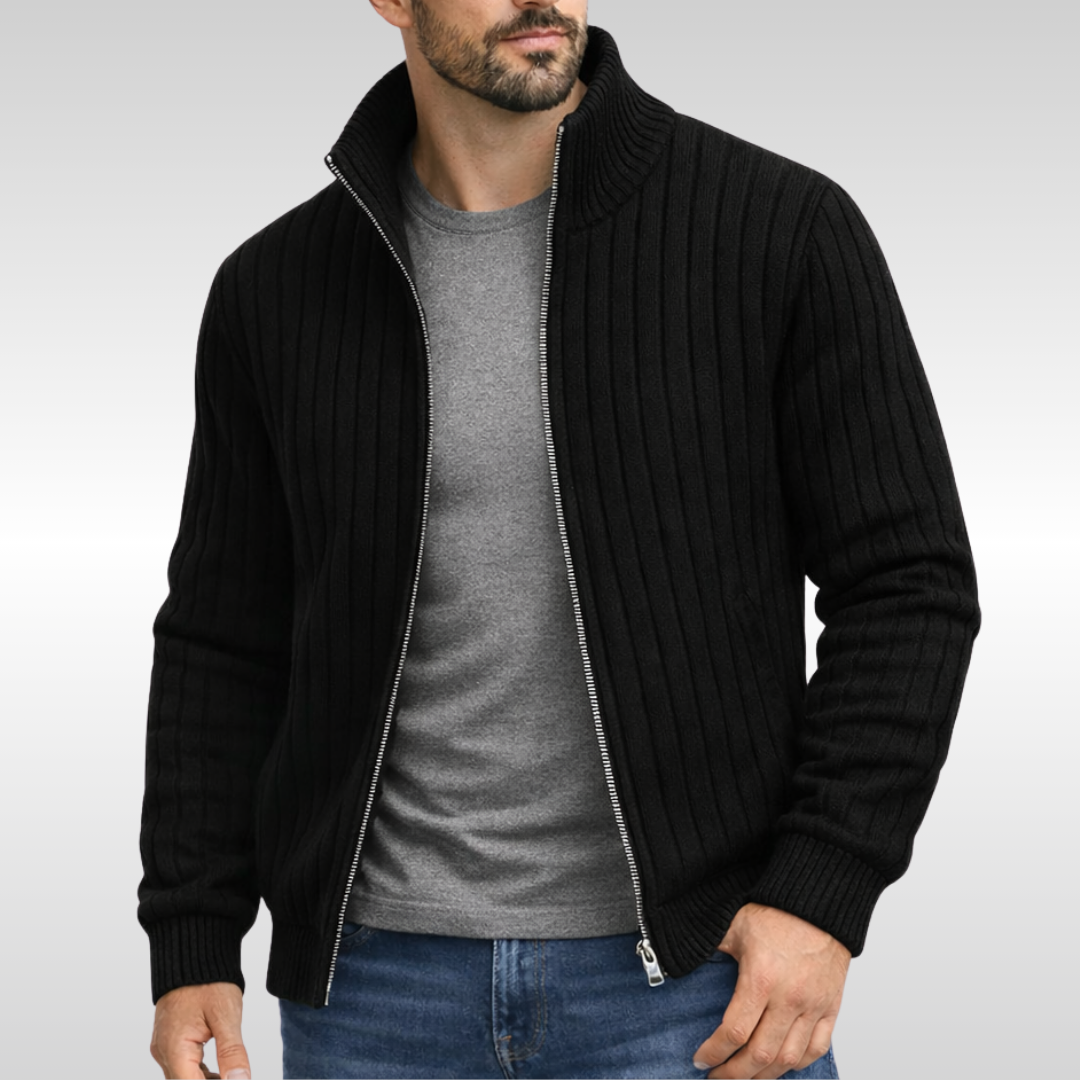 Cardigan zippé homme classique en maille côtelée – Hugo – Noir