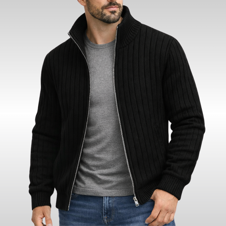 Cardigan zippé homme classique en maille côtelée – Hugo – Noir