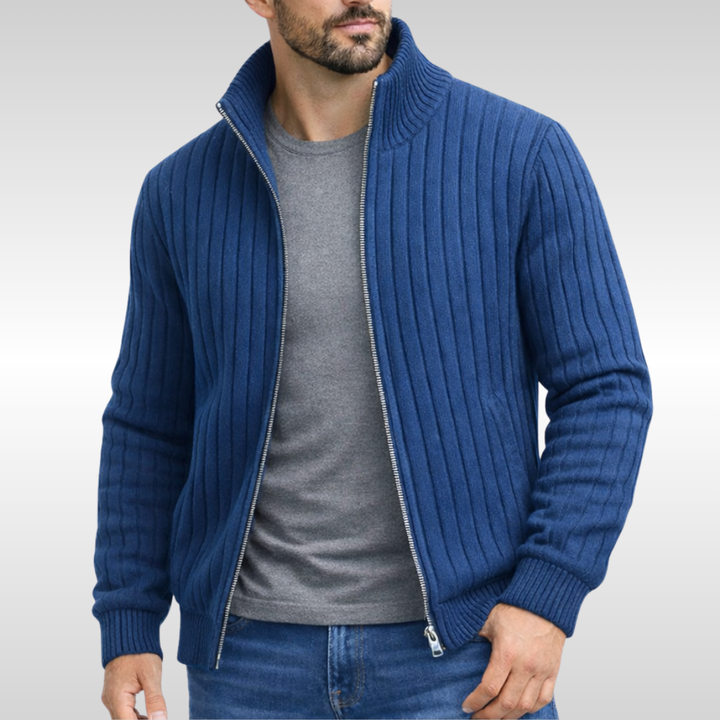 Cardigan zippé homme classique en maille côtelée – Hugo – Bleu