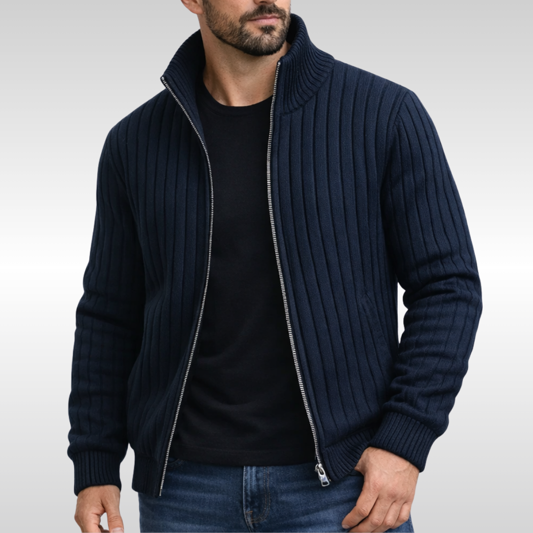 Cardigan zippé homme classique en maille côtelée – Hugo – Bleu marine