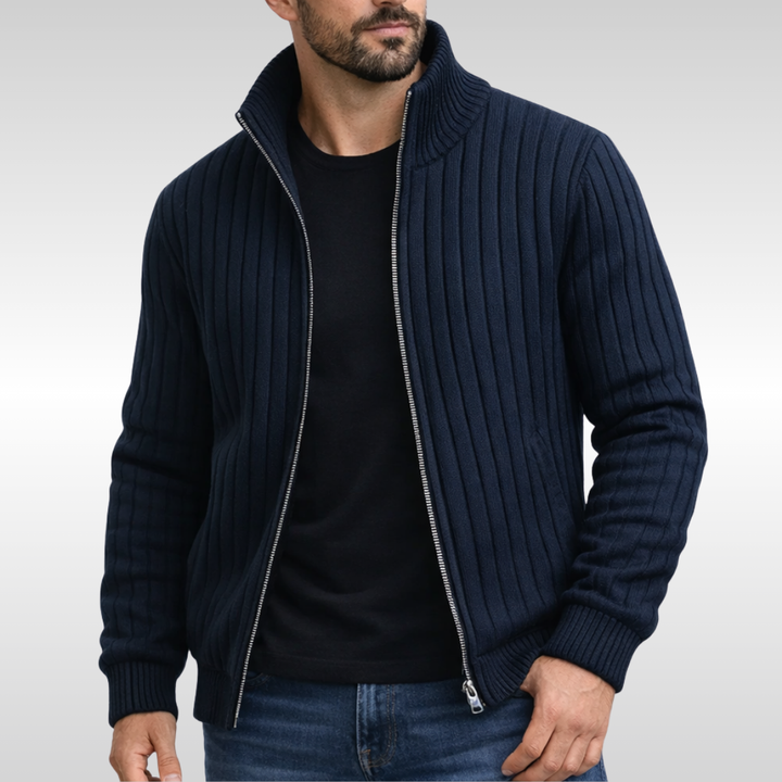Cardigan zippé homme classique en maille côtelée – Hugo – Bleu marine