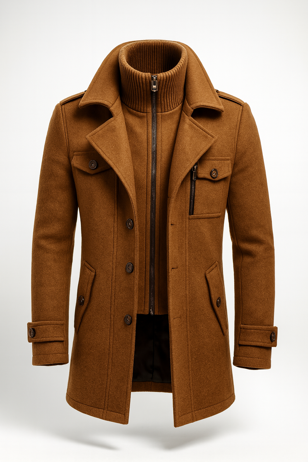 Manteau d'hiver homme long en laine mélangée à couche intérieure zippée – Constantin – Marron